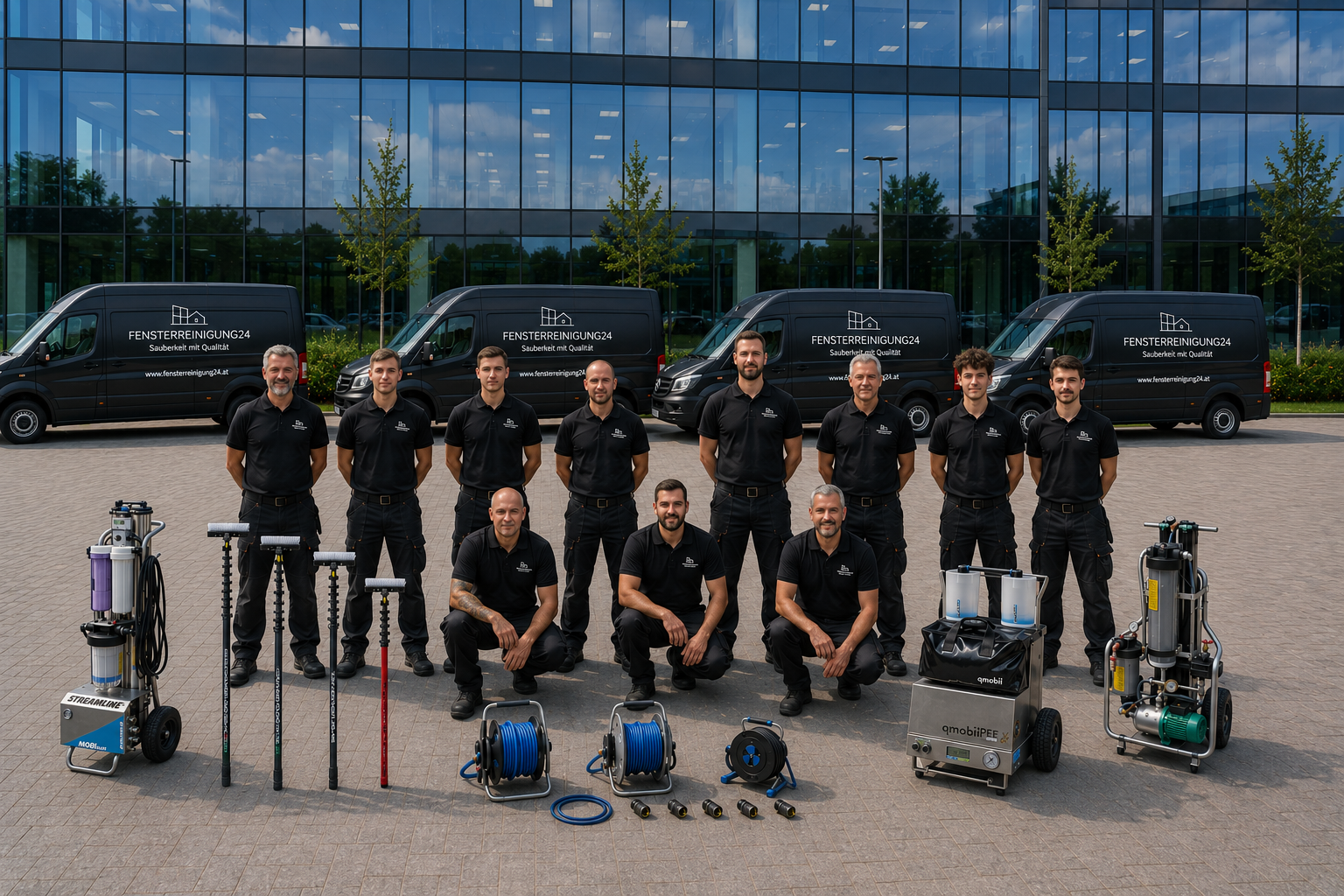 Das Team von Fensterreinigung24.at mit Fahrzeugflotte und professioneller Reinigungsausrüstung